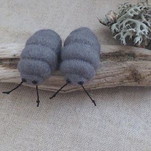 Pu&ograve; includere: Due pillole di feltro grigie su un pezzo di legno alla deriva. Le pillole hanno gambe e antenne nere.