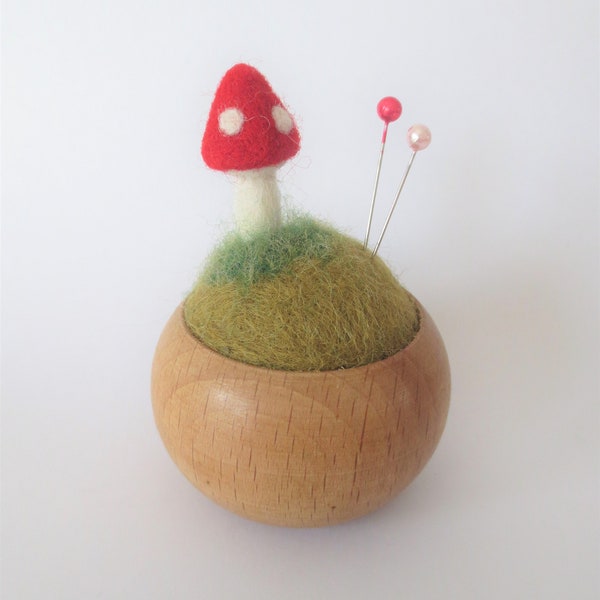 Tiny red toadstool PIN CUSHION in tiny beech wood bowl gift