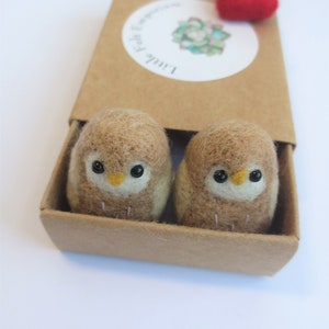 May include: Two small brown felt owls with black eyes and yellow beaks are sitting in a brown cardboard box with a red felt heart and a sticker that says "Little Folk Emporium".