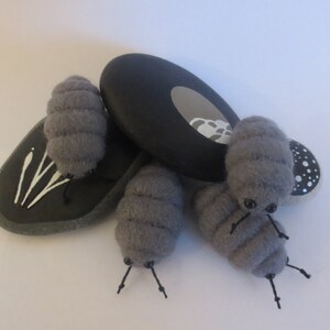 Pu&ograve; includere: Quattro porcellini di peluche grigi segmentati con zampe e occhi neri, seduti su tre pietre dipinte di nero. Una pietra ha un disegno bianco di una pianta, un'altra ha un cerchio bianco e la terza ha punti bianchi.