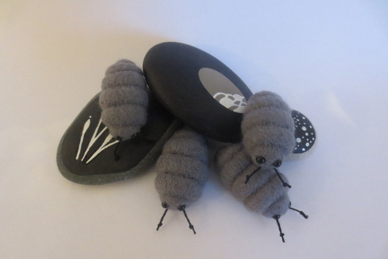 Pu&ograve; includere: Quattro porcellini di peluche grigi segmentati con zampe e occhi neri, seduti su tre pietre dipinte di nero. Una pietra ha un disegno bianco di una pianta, un'altra ha un cerchio bianco e la terza ha punti bianchi.