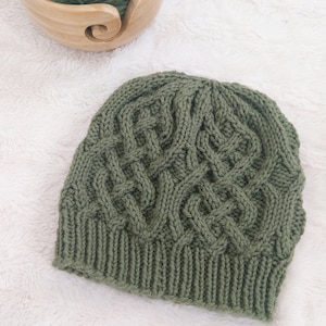 Könnte beinhalten: Eine grüne Strickmütze mit Zopfmuster.