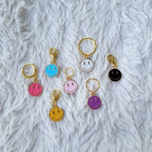 Smile Happy colorful rainbow knitting stitch markers or progress keepers, knitting accessories and gifts for knitters, cute stitch markers