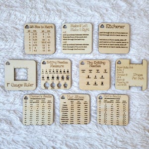 Keychain Knitting Tools for measuring gauge, measuring knitting needles, instructions for stitches, measuring yarn, and sizing help