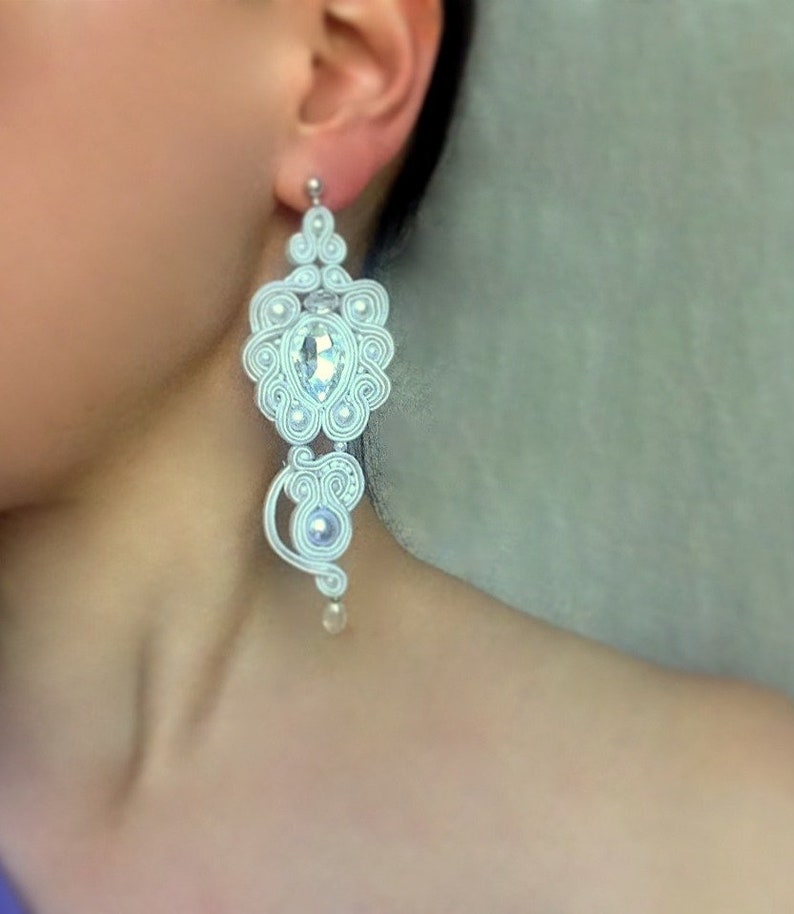 Soutache Embroidery Earrings Chandelier Hanging white pearls Embroidered nail Beaded jewelry Dangle Bridal wedding lo elegant Long rrings