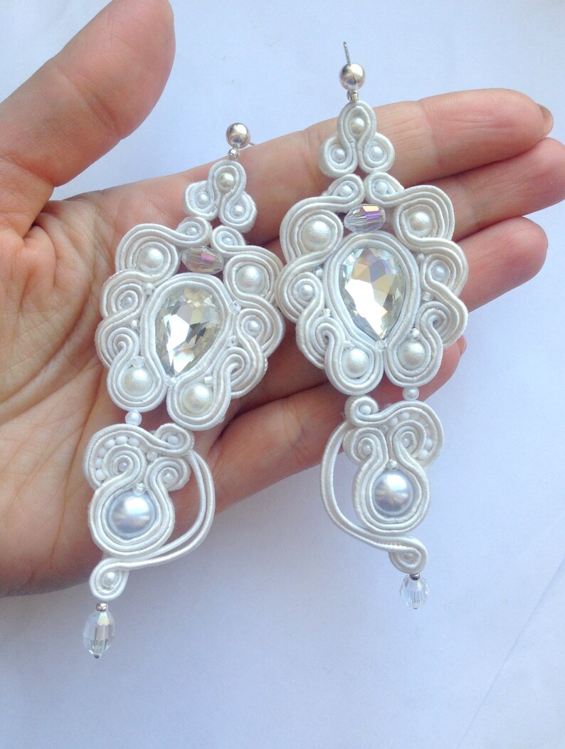 Soutache Embroidery Earrings Chandelier Hanging white pearls Embroidered nail Beaded jewelry Dangle Bridal wedding lo elegant Long rrings