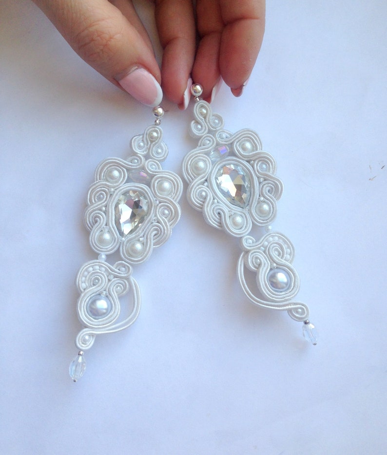Soutache Embroidery Earrings Chandelier Hanging white pearls Embroidered nail Beaded jewelry Dangle Bridal wedding lo elegant Long rrings