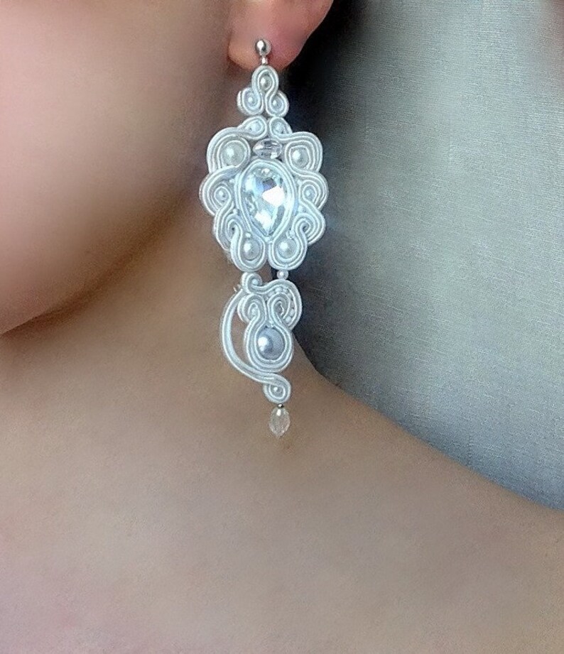 Soutache Embroidery Earrings Chandelier Hanging white pearls Embroidered nail Beaded jewelry Dangle Bridal wedding lo elegant Long rrings