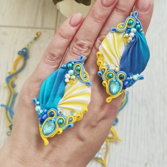 Shibori Silk Embroidered Earrings blue yellow Beaded Jewelry Etsy