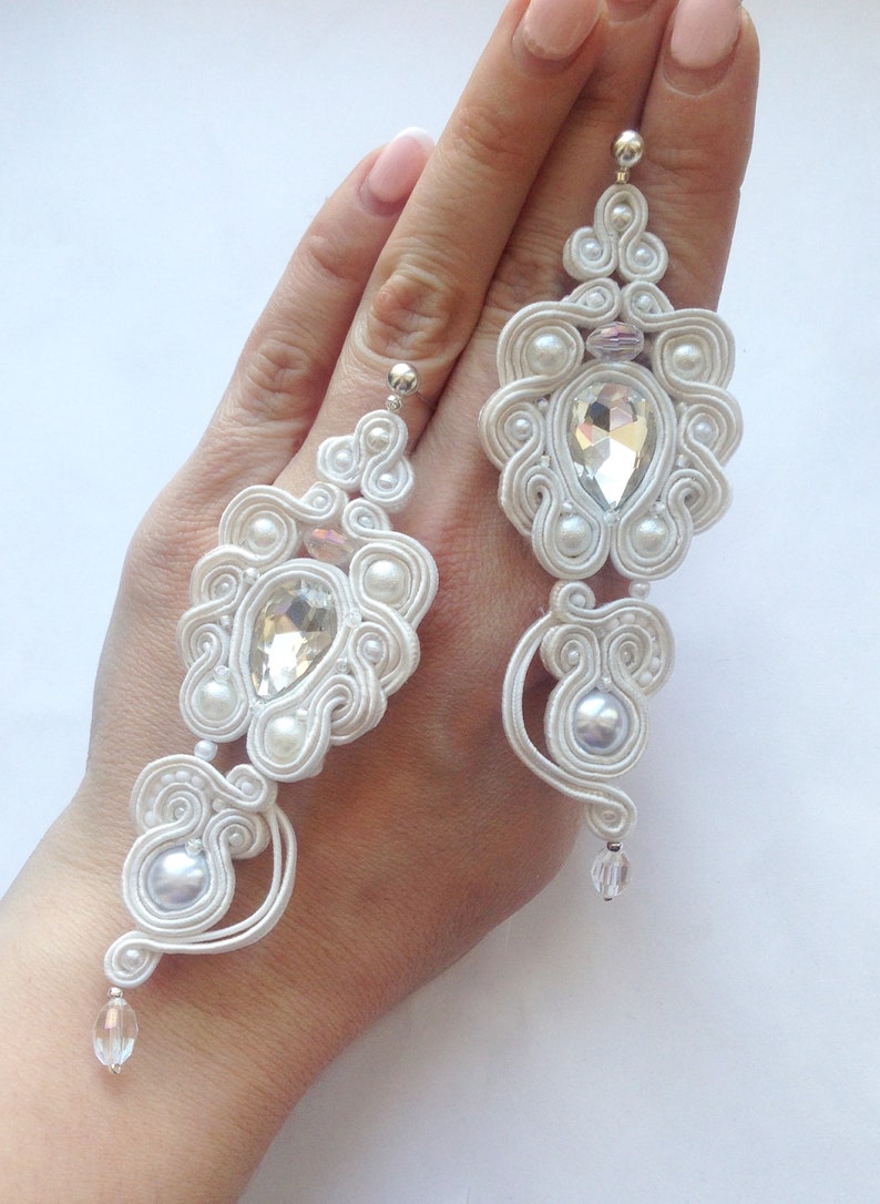 Soutache Embroidery Earrings Chandelier Hanging white pearls Embroidered nail Beaded jewelry Dangle Bridal wedding lo elegant Long rrings