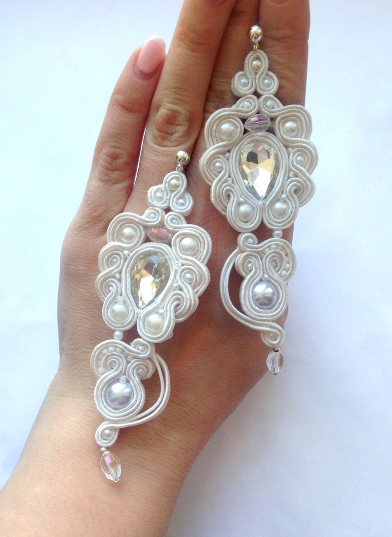 Soutache Embroidery Earrings Chandelier Hanging white pearls Embroidered nail Beaded jewelry Dangle Bridal wedding lo elegant Long rrings