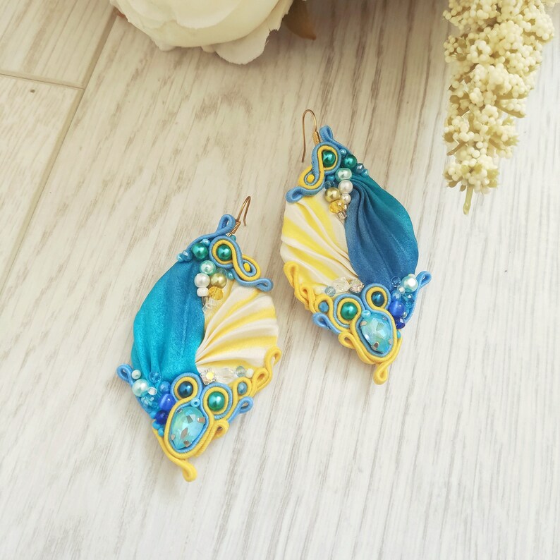 Shibori Silk Embroidered Earrings blue yellow Beaded Jewelry Etsy
