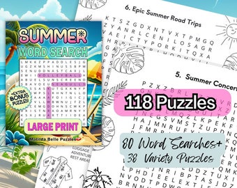 May include: A colorful book cover with the title "Summer Word Search" in large, white letters. The cover features a beach scene with a palm tree, a beach chair, and a blue ocean. The book includes 80 word searches and 38 variety puzzles. The book is designed for large print.