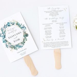 May include: Wedding ceremony program fan with a watercolor eucalyptus wreath design. The fan features the names Anastasia and David, the wedding date, and the ceremony order. The back of the fan lists the wedding party and a message to family and friends.