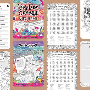 May include: A set of printable coloring pages and word search puzzles with a positive energy theme. The pages feature a variety of designs, including flowers, clouds, and mandalas. The text on the pages includes phrases like "Positive Energy", "Get Inspired", "Live in Joy", and "Gratitude Practice".