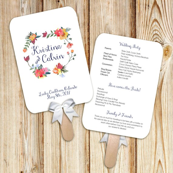 Printable Wedding Program Fan Digital File Diy Watercolor Etsy