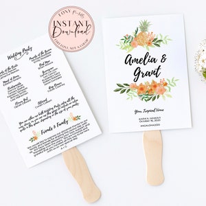 Printable Wedding Program Fan Printable Tropical Wedding DIY Fan Template for Wedding Program Fan Editable Program Fan Floral Wedding