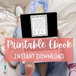 May include: A person is sitting on a bed with a laptop open to a printable gratitude practice ebook. The text "Printable Ebook Instant Download" is displayed on the screen.