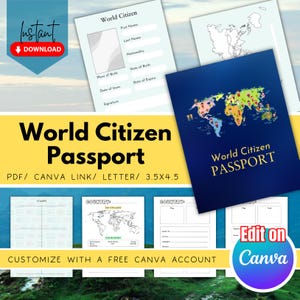 Puede incluir: Una plantilla de pasaporte de ciudadano del mundo imprimible con una portada azul que presenta un mapa del mundo con personas de diferentes etnias. La plantilla incluye una página de pasaporte en blanco para información personal, una página para sellos y una página para información del país. El texto "Edit on Canva" está en un círculo morado en la esquina inferior derecha de la imagen.