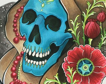Gypsy Skull - Fine Art Print by Jess Rocha - Poppy, Moon and Stars, Skeleton, 8.5 x 11 inches