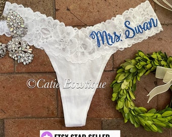 Personalized White Bridal Thong with Christine font/ monogram embroidered thong/ something blue/wedding underwear/ bridal gift/ bridal panty