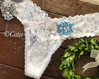 Personalized Monogramed Thong/ IVORY Lace  bridal thong/ something blue/ wedding underwear/ bridal gift/ bridal panty/ lingerie/boudoir