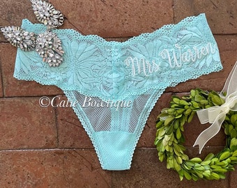 Personalized Aqua Bridal Lace Thong with Christine font/ monogram embroidered thong/ something blue/wedding underwear/ bridal gift/ panty