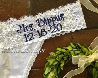 Personalized White Bridal Thong with Name and  Date/ monogram embroidered thong/ something blue/wedding underwear/ bridal gift/ bridal panty