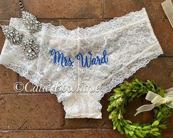 Personalized IVORY Bridal Monogram Cheeky Panties/ wedding something blue underwear/ custom lace cheeky/ Mrs / Bride/ bride gift/ bridal
