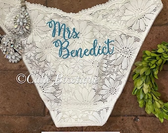 Personalized IVORY High Cut Bikini Panties/ wedding something blue underwear/ custom lace cheeky/ Mrs / Bride/ bride gift/ bridal