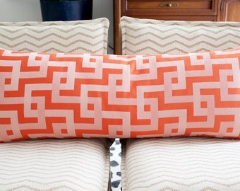 Bright Coral Geometric Pillow Cover - Satin Sheen with Embroidery
