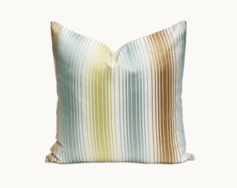 Triple Stripe Pillow Cover - Upholstery Fabric - Copper Brown Blue Citron - 18 x 18