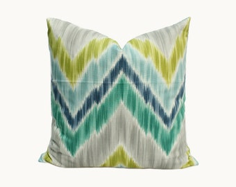 Ikat Chevron Pillow Cover - Gray, White, Green, Blue