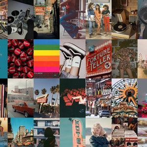 May include: A collage of vintage images featuring a variety of themes, including music, fashion, travel, and Americana. The images are arranged in a grid pattern and include a record player, a fortune teller sign, a Ferris wheel, a drive-in movie theater, and a motel sign.