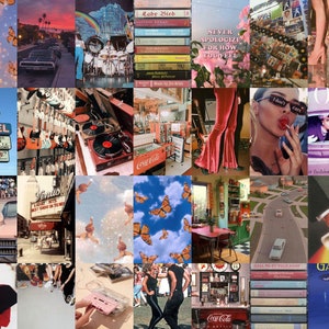 May include: A collage of images with a retro aesthetic. The images include butterflies, a vintage car, a record player, a motel sign, a diner, a woman in bell bottoms, a woman with a lollipop, a magazine cover, a vintage phone, and a book cover. The images are all in a bright, colorful style.