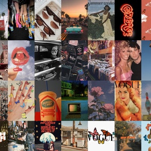 May include: A collage of images with a retro theme. The images include a vintage car, a diner, a record store, a Ferris wheel, a butterfly, a milkshake, a television, a rose, a magazine cover, a bowling alley, and a gas station. The images are all in a vintage style and have a nostalgic feel.