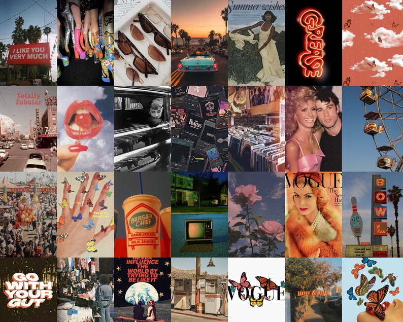 May include: A collage of images with a retro theme. The images include a vintage car, a diner, a record store, a Ferris wheel, a butterfly, a milkshake, a television, a rose, a magazine cover, a bowling alley, and a gas station. The images are all in a vintage style and have a nostalgic feel.