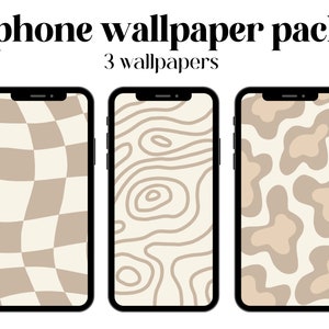 May include: Three iPhone wallpapers in a pack. The first wallpaper is a beige and white checkered pattern. The second wallpaper is a beige and white abstract pattern of lines and circles. The third wallpaper is a beige and white abstract pattern of large, irregular shapes.