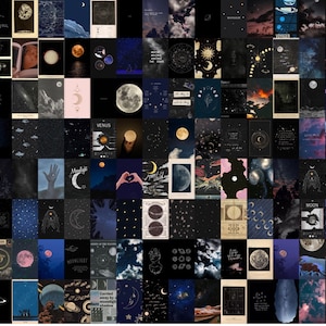Maanlicht Esthetische Muur Collage Kit, Astronomie Collage Kit, Maan Collage Kit, Zwarte Collage Kit, Esthetische Kunst (DIGITALE DOWNLOAD) 131 PCS