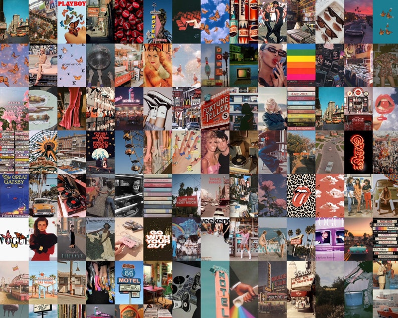 May include: A collage of images in a retro aesthetic, featuring a variety of themes including vintage cars, neon signs, and fashion. The images are arranged in a grid pattern and are all in a bright, colorful style.