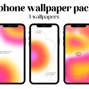May include: Three iPhone wallpapers with abstract gradient backgrounds in shades of pink, orange, and yellow. Each wallpaper features a different inspirational quote in black text: "good things come to those who wait", "be great. be kind. don't let them dim your light.", and "just be and enjoy being".
