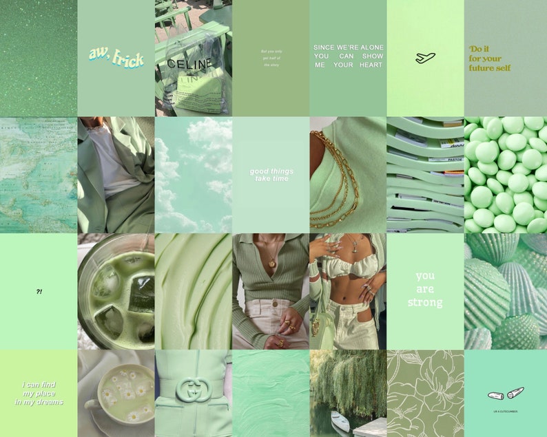 Mint Green Wall Collage Kit, Sage Green Collage Kit, Green Aesthetic ...