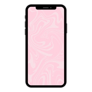 May include: A black smartphone with a pink and white marbled background on the screen.