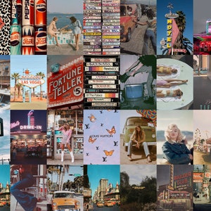 May include: A collage of vintage images featuring retro signs, cars, and fashion. The images include a drive-in movie theater, a fortune teller, a Louis Vuitton store, and a vintage car. The images are all in a retro style and evoke a sense of nostalgia.