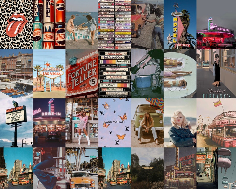 May include: A collage of vintage images featuring retro signs, cars, and fashion. The images include a drive-in movie theater, a fortune teller, a Louis Vuitton store, and a vintage car. The images are all in a retro style and evoke a sense of nostalgia.