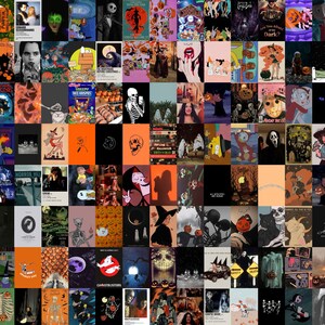Könnte beinhalten: Eine Collage von Halloween-Bildern, darunter Figuren aus beliebten Filmen und Cartoons, Skelette, Kürbisse und Geister. Die Bilder sind in einem Raster angeordnet und zeigen eine Vielzahl von Farben, darunter Orange, Schwarz und Weiß.