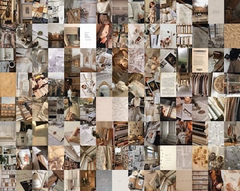May include: A collage of images in beige and brown tones featuring books, coffee, and other objects related to reading and literature. The images are arranged in a grid pattern, creating a visually appealing and cohesive aesthetic.