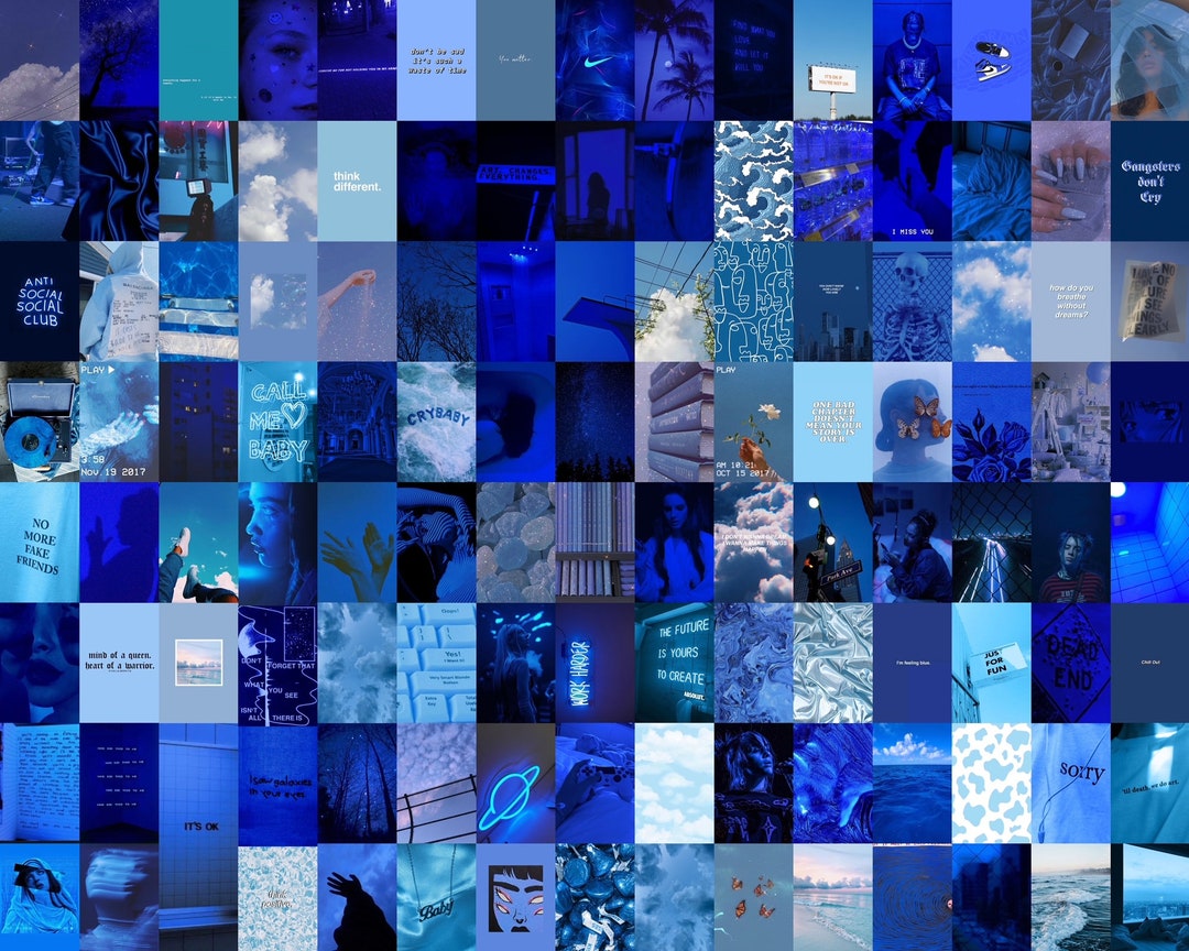 Blue Wall Collage Kit, Blue Aesthetic Wall Collage, Blue Photo Collage