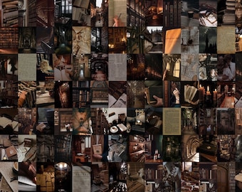 May include: A collage of images featuring a dark, moody aesthetic with a focus on books, libraries, and old, worn paper. The images include stacks of books, bookcases, and people reading in libraries. The overall theme is one of knowledge, history, and the beauty of old things.