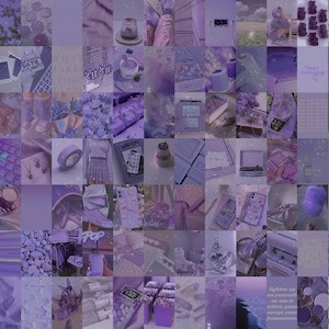 Op de afbeelding: Een collage van afbeeldingen in tinten paars en lavendel. De afbeeldingen omvatten bloemen, kaarsen, boeken, kantoorbenodigdheden en andere objecten. Het algemene thema is esthetisch en vrouwelijk.
